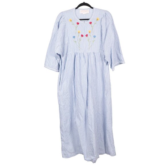 Herbcraft VTG Robe House Dress M Womens Blue White Striped Seersucker Floral - Picture 1 of 6